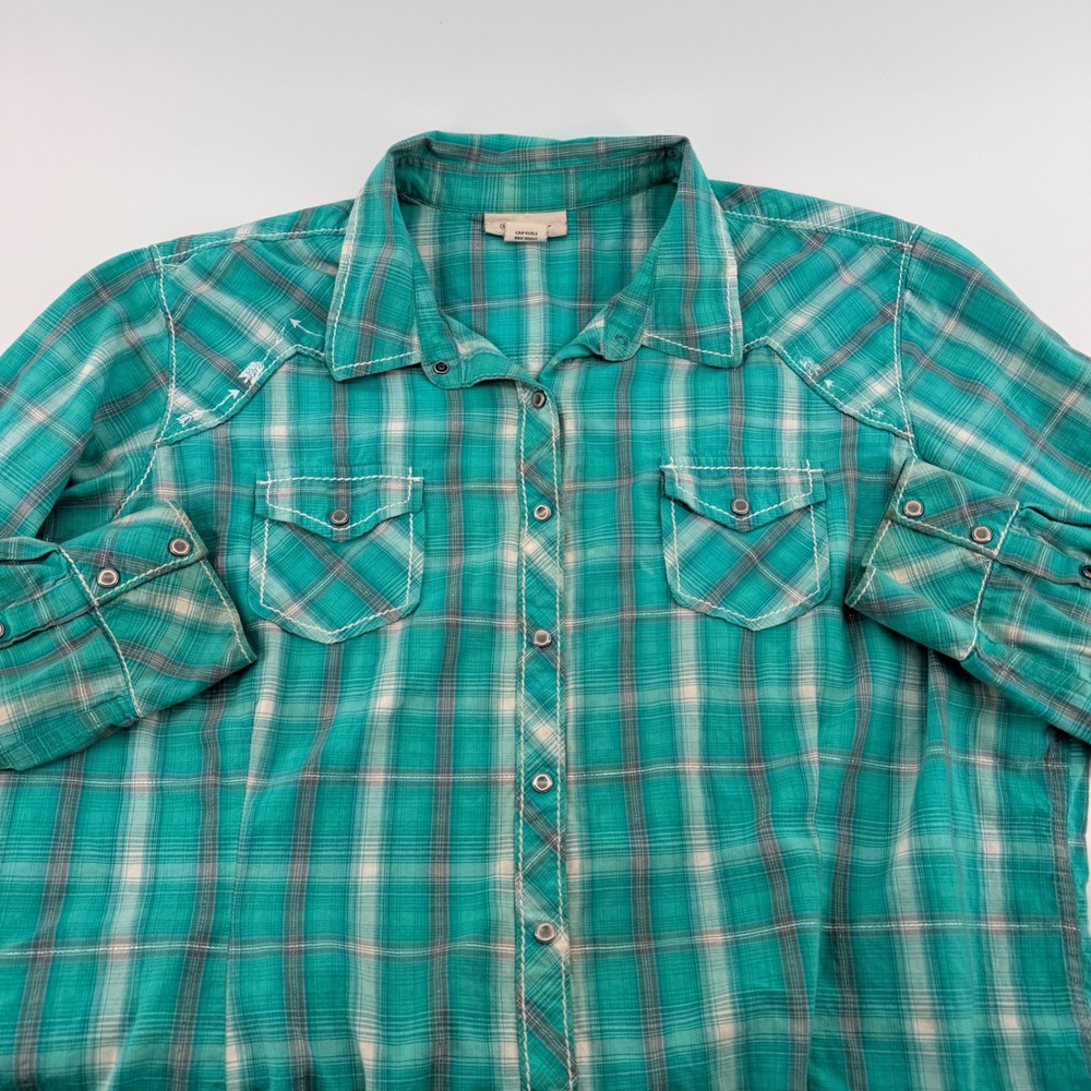 Ariat Western Snap Front Plaid Shirt Teal Metallic Arrow Embroidery XXL